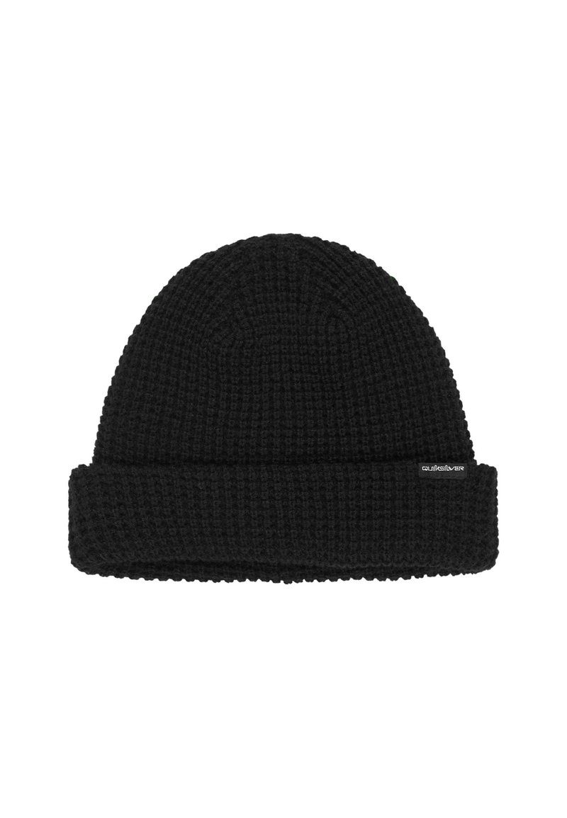 Gorro de punto negro con un patrón texturizado y puño doblado. Presenta una pequeña etiqueta de logo en el lateral.