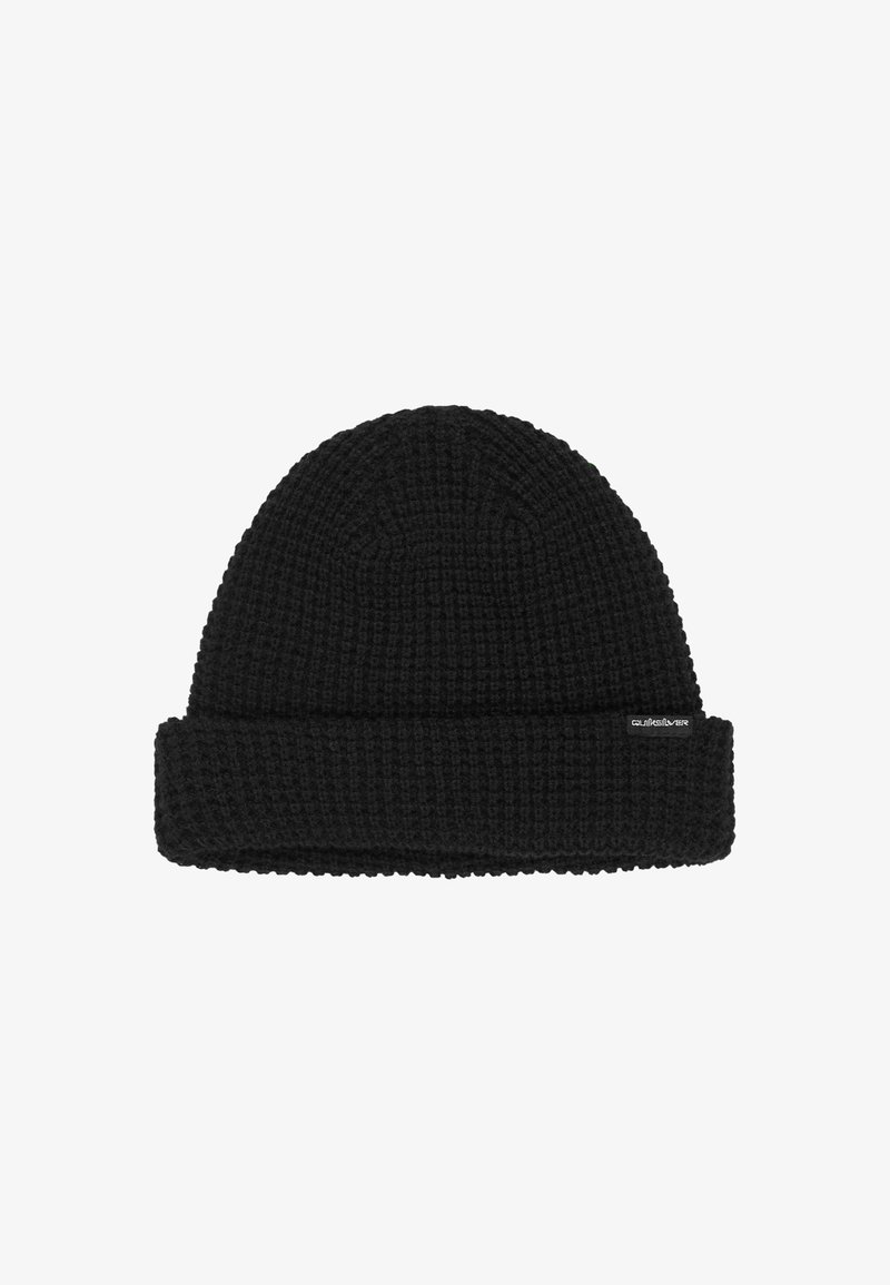 Gorro de punto negro con un patrón texturizado y puño doblado. Presenta una pequeña etiqueta de logo en el lateral.