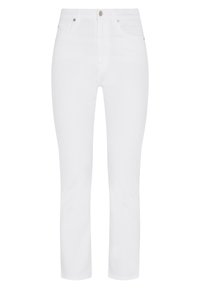 Jeans de denim blanco con corte recto, que presentan un cierre de botón y cremallera, dos bolsillos delanteros y un detalle mínimo de costura.