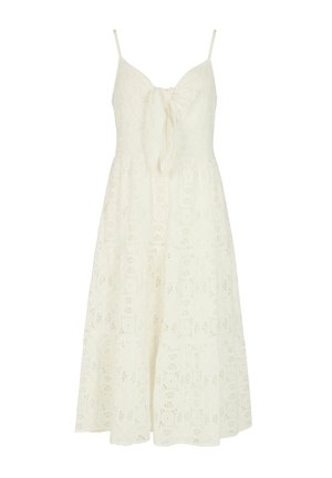 Weißes ärmelloses Midikleid aus Spitzenstoff mit verstellbaren dünnen Trägern und einem vorderen Binddetail am Bustier.