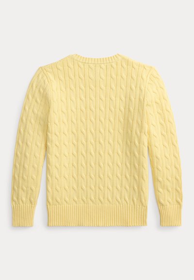 Ανοιχτό κίτρινο πουλόβερ με πλεκτό σχέδιο και μακριά μανίκια με ριμπ μανσέτες και τελείωμα, εμφανίζεται από πίσω σε λευκό φόντο.
