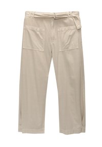 Pantalons larges beige en coton, dotés d'une taille ceinturée, de deux grandes poches avant et d'ourlets retournés avec fentes latérales.