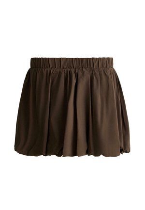 Hnedá mini sukňa s vysokým pásom, nariasená, s elastickým pásom a objemnou siluetou s bublinovým lemom.