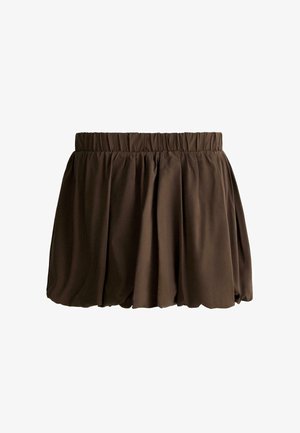Hnedá mini sukňa s vysokým pásom, nariasená, s elastickým pásom a objemnou siluetou s bublinovým lemom.