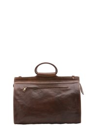 Pochette in pelle marrone con forma strutturata, manico superiore e tasca frontale con cerniera. Presenta cuciture visibili e una texture liscia.