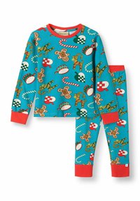 Light blue pajama set with red cuffs featuring a pattern of gingerbread figures, candy canes, and ornaments in various colors and designs.