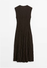 Brown sleeveless dress with a textured, pleated design, featuring a round neckline and a flowy silhouette extending to mid-calf length.