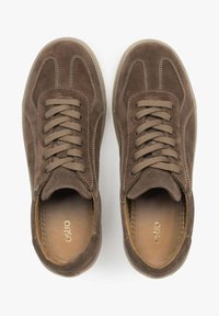 Bruine suède sneakers met gestikte details, ronde neus, vetersluiting en een tan kleurige binnenvoering. Lichtgewicht rubberen buitenzool.
