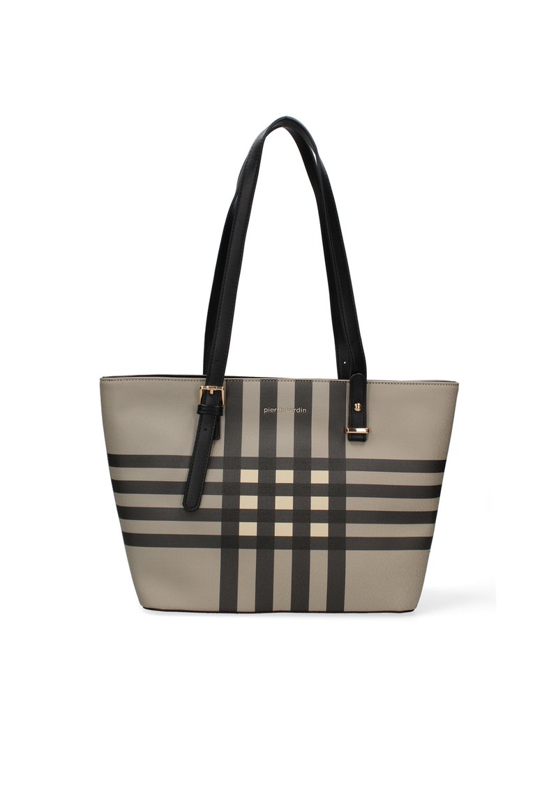 Borsa a tracolla beige in materiale sintetico, con motivo a scacchi nero e crema, manici neri e dettagli in metallo dorato.