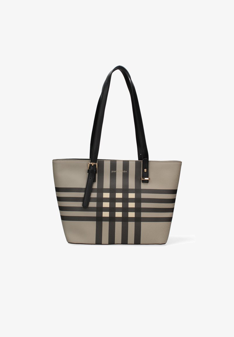 Borsa a tracolla beige in materiale sintetico, con motivo a scacchi nero e crema, manici neri e dettagli in metallo dorato.