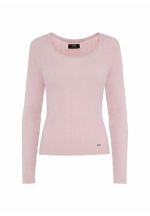 Jasnoróżowy, prążkowany sweter z długim rękawem, z okrągłym dekoltem i dopasowanym krojem. Posiada mały akcent logo w pobliżu dolnego szwu.