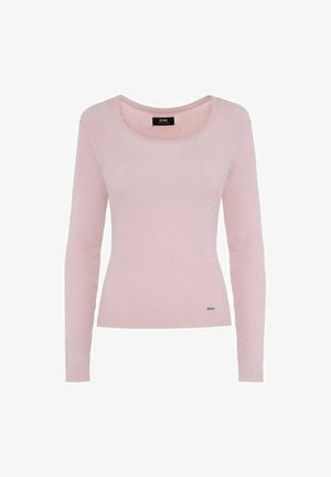 Jasnoróżowy, prążkowany sweter z długim rękawem, z okrągłym dekoltem i dopasowanym krojem. Posiada mały akcent logo w pobliżu dolnego szwu.