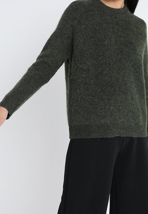 Personne portant un pull duveteux vert foncé à manches longues et un pantalon noir à jambes larges sur un fond clair uni.