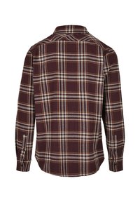 Langärmeliges Hemd mit rotem und schwarzem Karomuster, Button-Down-Kragen, weißen und gelben Akzenten sowie Manschetten mit einem Knopf. Strukturierter Stoff.