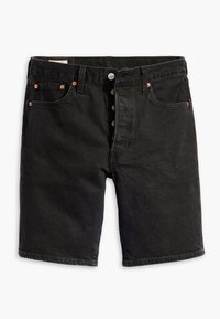 Short en denim noir avec cinq boutons, poches avant avec rivets en cuivre et passants de ceinture sur fond blanc.
