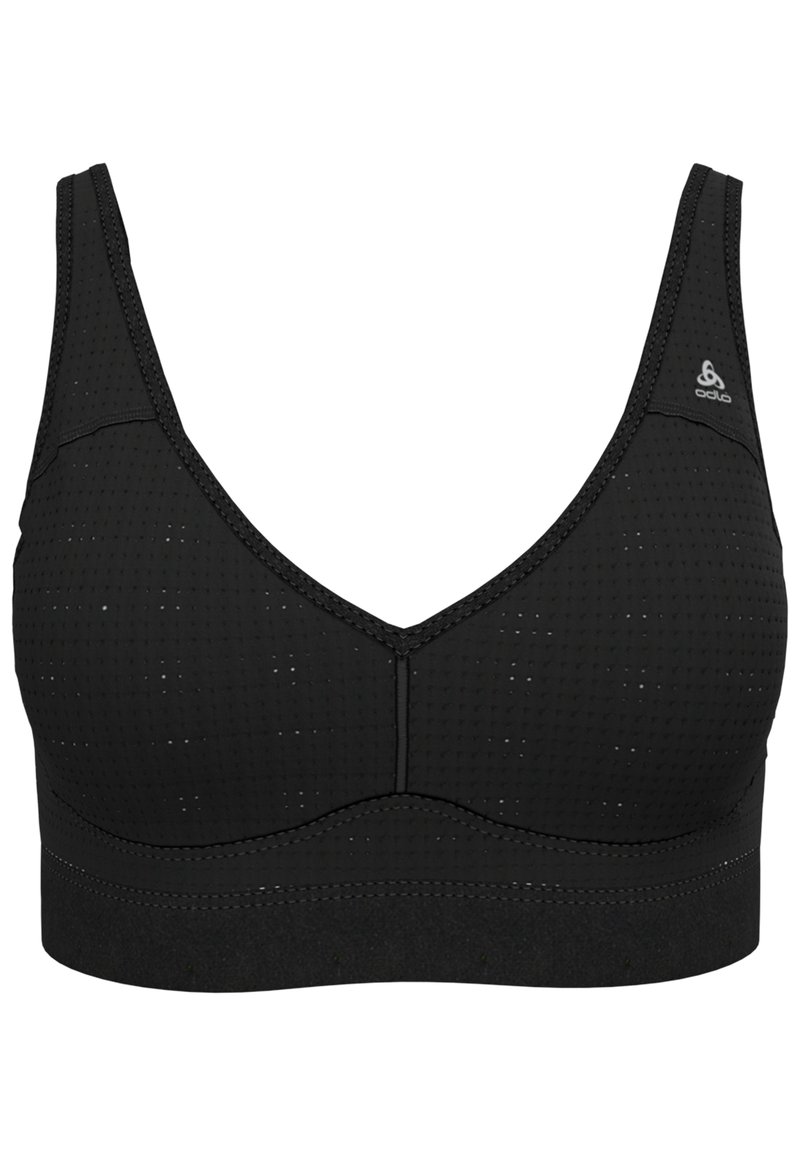 Soutien-gorge de sport noir sans couture avec un tissu perforé, larges bretelles et un logo sur le côté supérieur gauche.