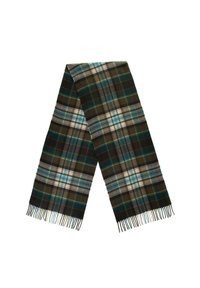 Sciarpa tartan con un motivo a quadri in verde scuro, blu e crema, con bordi frangiati e un tessuto morbido e testurizzato.