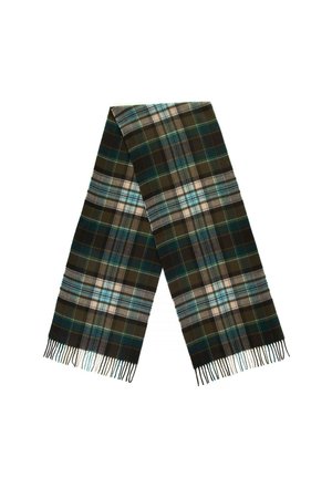 Tartan scarf featuring a dark green, blue, and cream plaid pattern, with fringed edges and a soft, textured fabric.