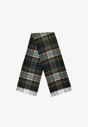 Tartan scarf featuring a dark green, blue, and cream plaid pattern, with fringed edges and a soft, textured fabric.
