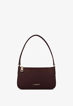 Bolso de mano de cuero marrón oscuro con textura, con una sola correa, tirador de cremallera dorado y el logo "Lazarotti" en letras doradas en la parte delantera.