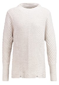 Pull en maille texturée blanc cassé avec motif côtelé diagonal, manches longues et poignets côtelés.