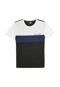 Camiseta de manga corta con una parte superior blanca, franjas horizontales en navy y secciones inferiores en negro. Texto "EL GIMNASIO ES MI TERAPIA" en negro. Tela 100% algodón.