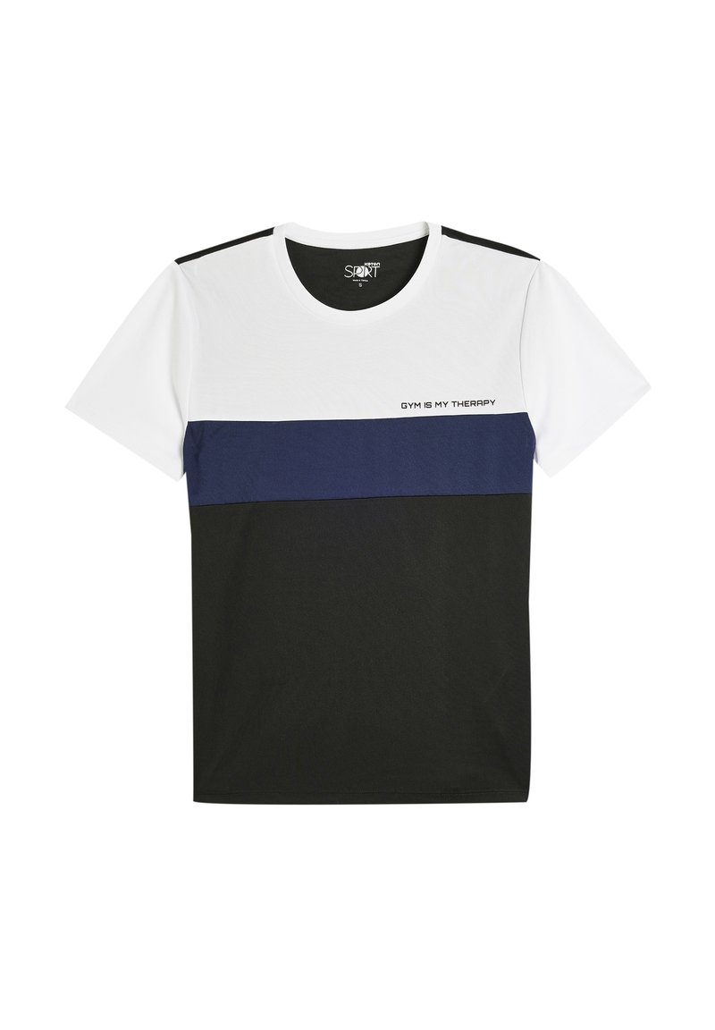 Camiseta de manga corta con una parte superior blanca, franjas horizontales en navy y secciones inferiores en negro. Texto "EL GIMNASIO ES MI TERAPIA" en negro. Tela 100% algodón.