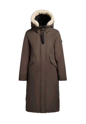 Brown mid-length coat with a fur-lined hood, zipper front, and two side pockets. Features a black logo tag and soft texture.