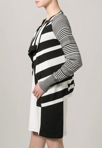 Cardigan a righe bianco e nero con colletto a scialle, caratterizzato da larghezze di righe variabili e maniche testurizzate, indossato sopra un vestito a blocchi di colore.