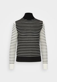 Schwarz-weißer gestreifter Rollkragenpullover mit horizontalen Streifen am Körper und abwechselnden vertikalen Streifen an den Ärmeln.