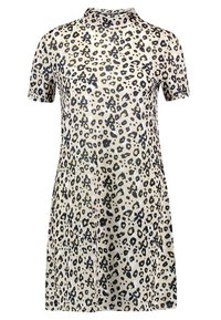 Korte mouw jurk van een beige stof, versierd met een zwart en bruin luipaardprintpatroon, met een hoge halslijn en een relaxte pasvorm.