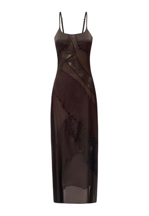 Zwarte jurk met dunne bandjes, doorschijnende stof en ingewikkelde kantdetails. Lange, getailleerde silhoutte met een geometrisch patroon throughout.