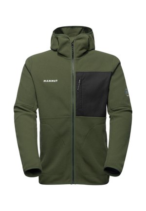 Giacca in pile verde con cappuccio, zip frontale completa, tasca sul petto con zip nera e logo "Mammut" sul petto sinistro.