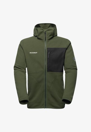 Giacca in pile verde con cappuccio, zip frontale completa, tasca sul petto con zip nera e logo "Mammut" sul petto sinistro.