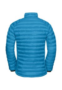 Giacca blu isolante con motivo a rombi orizzontali, colletto alto e polsini elasticizzati. Leggera, con texture liscia, adatta per il freddo.