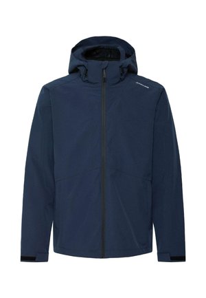 Tumesinist veekindel jope kapuutsiga, ees tõmblukk, reguleeritavad varrukaotsad ja väike logo paremal õlal.