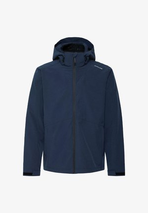 Tumesinist veekindel jope kapuutsiga, ees tõmblukk, reguleeritavad varrukaotsad ja väike logo paremal õlal.