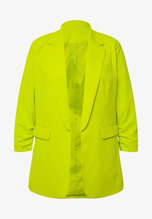 Blazer di un vivace giallo neon, realizzato in tessuto morbido, con colletto a V, apertura frontale e due tasche laterali. Maniche lunghe, vestibilità sartoriale.