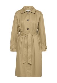 Beżowy trencz z wcięciem w talii, z klapką na guziki i naramiennikami. Wykonany z gładkiego materiału, z klasycznym kołnierzem i akcentami paska.