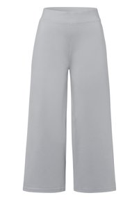 Brede pijpen broek in lichtgrijze stof, met een gladde textuur en een elastische tailleband voor comfort. Geen zichtbare patronen of accenten.