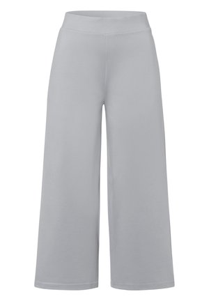 Pantaloni a gamba larga in tessuto grigio chiaro, caratterizzati da una texture liscia e una vita elasticizzata per maggiore comfort. Nessun motivo o accento visibile.