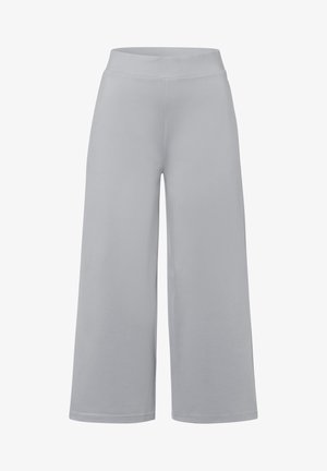 Pantalones de pierna ancha en tejido gris claro, con una textura suave y una cinturilla elástica para mayor comodidad. Sin patrones ni acentos visibles.