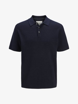 Tumesinine lühikeste varrukatega kudumispolo särk tekstuurse mustriga, kolme nupuga sulguriga ning soonikkoega kaeluse ja äärega.