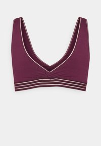 V-hals bralette i dyp plommefarge med omslagdesign, og med et belte med kontrasterende hvite striper for ekstra detaljer.