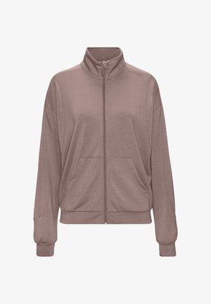 Zip-up jacket in soft taupe fabric. Features high collar, two side pockets, and relaxed fit with ribbed cuffs and hem. Minimal branding on shoulder.