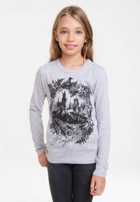 Gray long-sleeve t-shirt featuring a black graphic print of Hogwarts within a circular floral design. Soft fabric with round neckline.