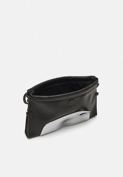 Black leather clutch bag with a shiny silver metal accent on the front. Features a soft, textured body and a gathered top opening.