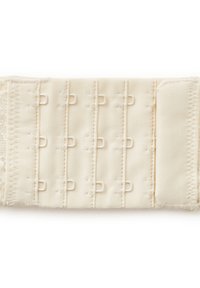 Beżowa tkanina z zapięciem na hak i oczko, z sześcioma pionowymi rzędami haków, przeszytymi brzegami i gładką teksturą. Zaprojektowana do zapinania odzieży.