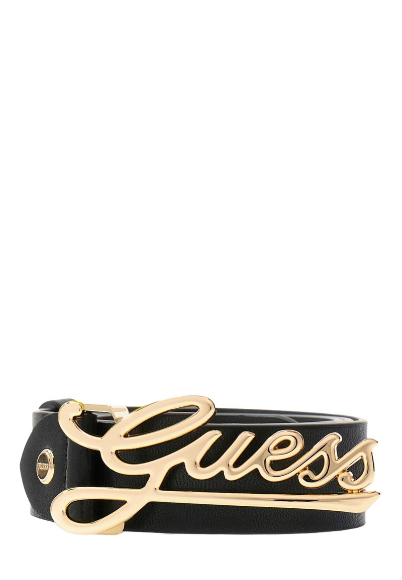Cintura in finta pelle nera con una prominente fibbia in metallo dorato con logo "Guess", caratterizzata da una superficie liscia e un design a singolo uncino.