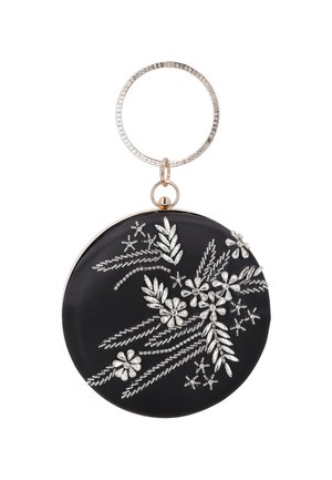 Musta pyöreä clutch-laukku hopeisilla kukka- ja lehtikivi koristeluilla sekä kultaisella sormusrungolla, joka on koristeltu pienillä kirkkailla kivillä.